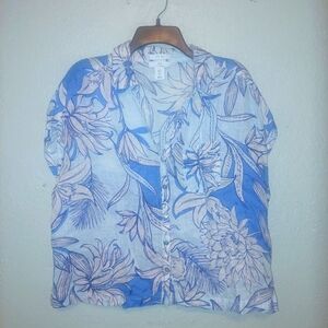 Halston Linen Women Large Top Shirt Tunic Blouse Blue Floral Button Down